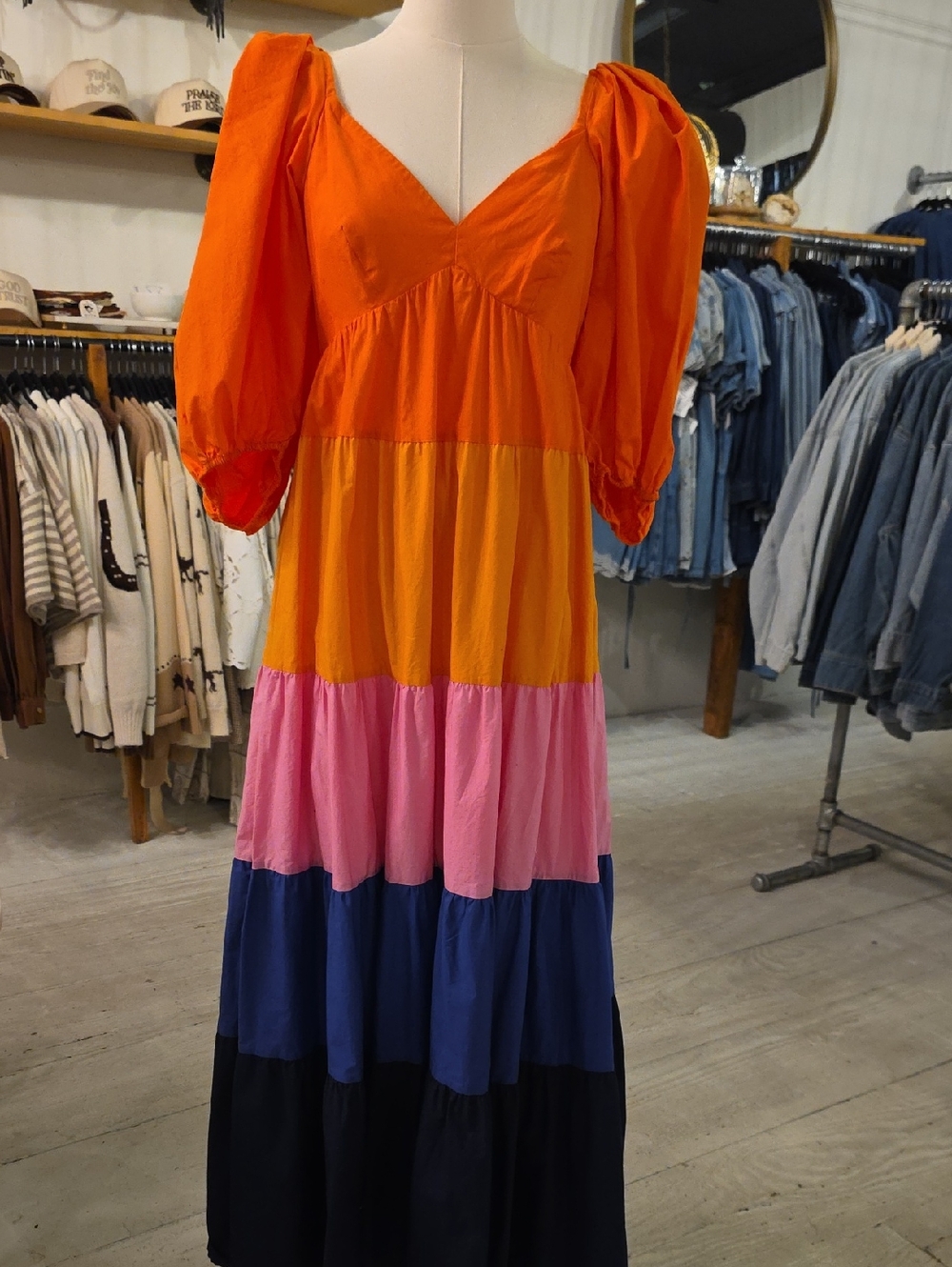 FARM RIO Colorblock Puff-Sleeve Tiered Maxi Dress in Orange, Pink & Blue